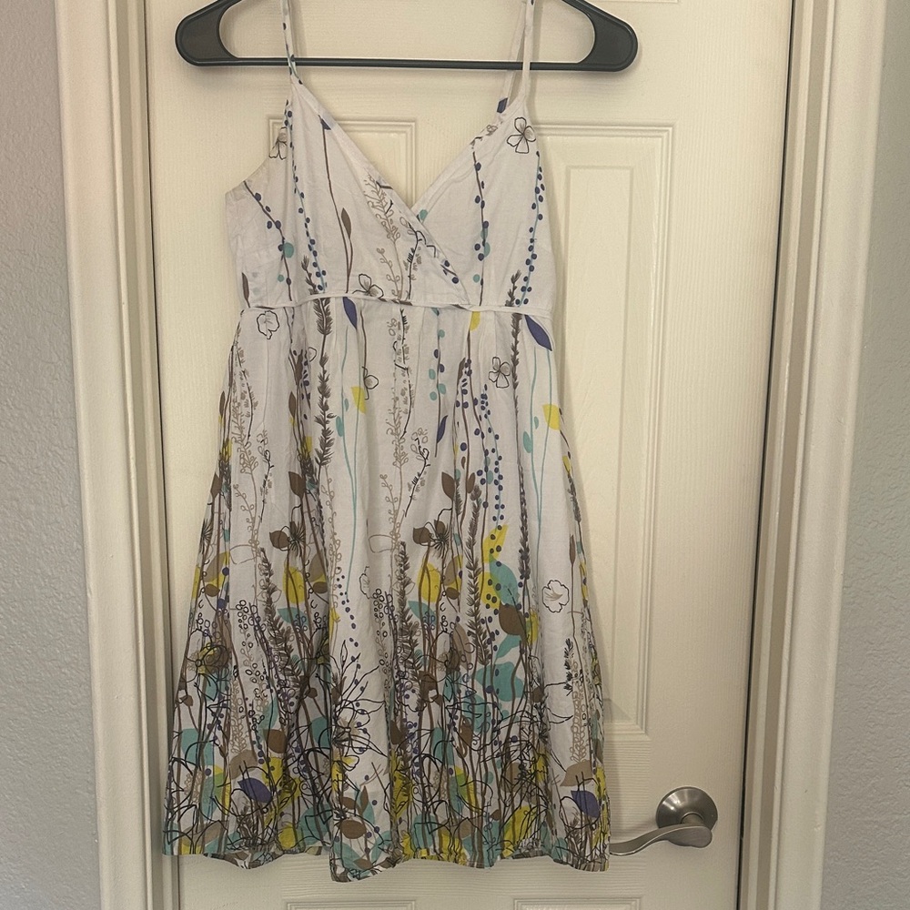 White Cotton Floral Sundress with Yellow & Teal Accents